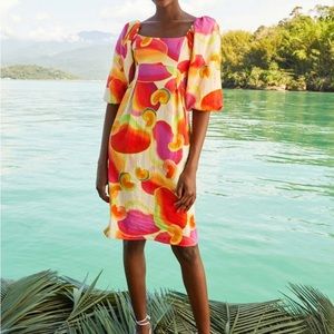 FARM RIO linen puff sleeve midi dress